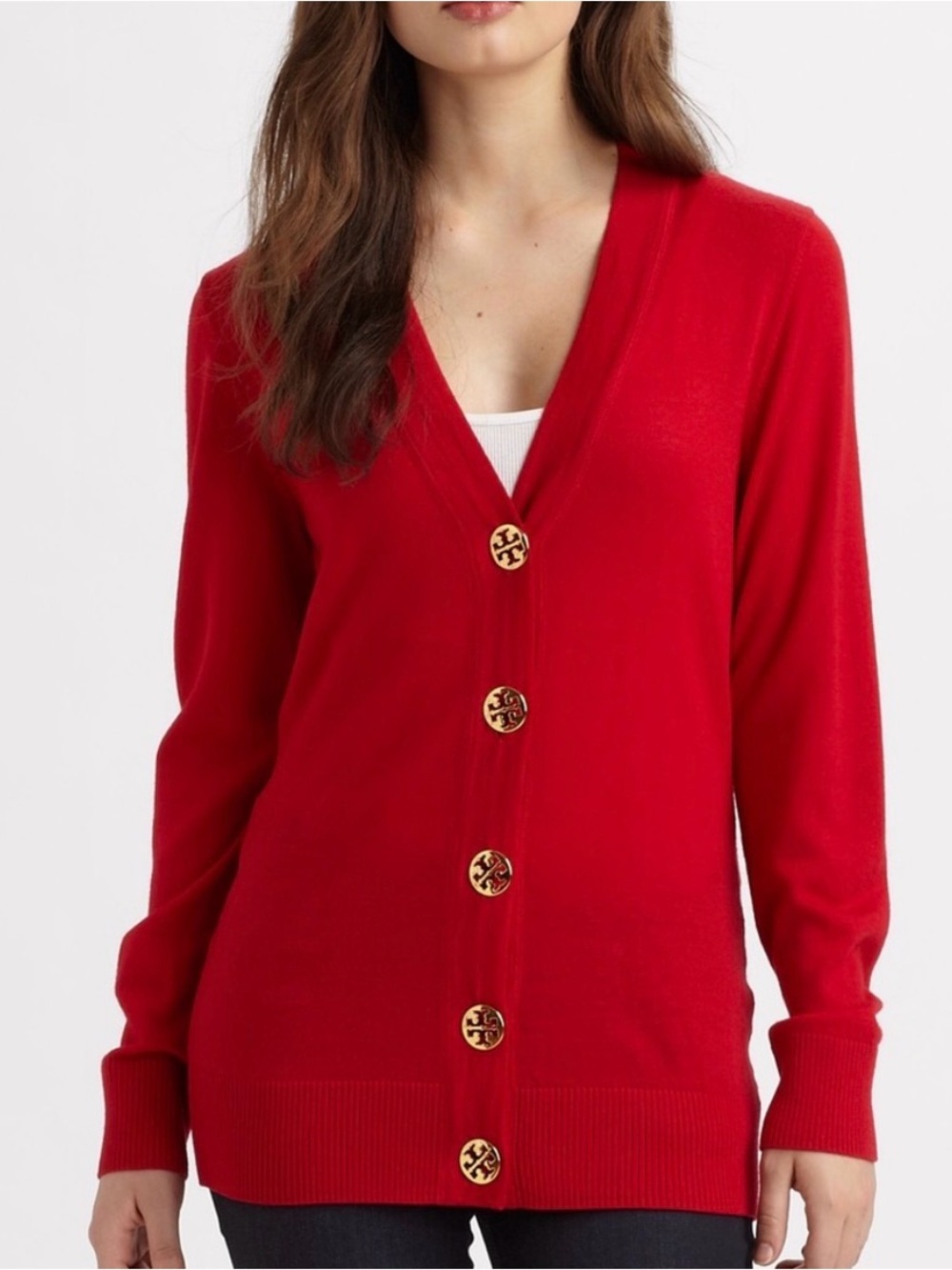 Tory Burch Red V-Neck merino wool Cardigan with Gold Logo Buttons
